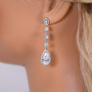 Cubic Zirconia Petals Beneath the Stars Diamond Earrings, Long Bridal Jewelry, Crystal Bridal Earrings, Statement Earrings Cz